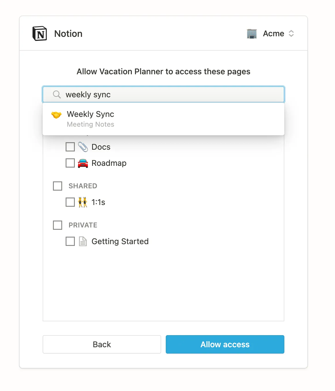 The search bar now lets you search for and select nested pages to share with an integration.