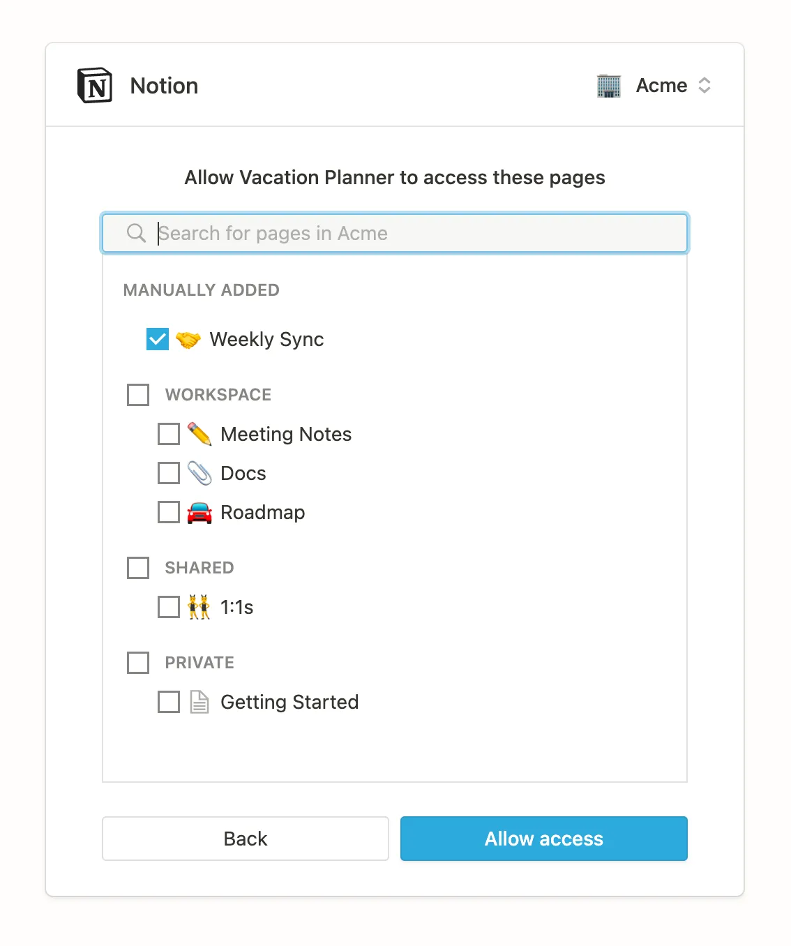 Once selected, any nested pages appear in the "Manually Added" section.